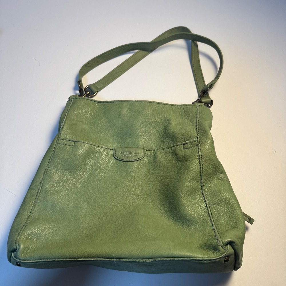 American Leather Co Sage Green Pebble Leather Triple Entry Shoulder Bag